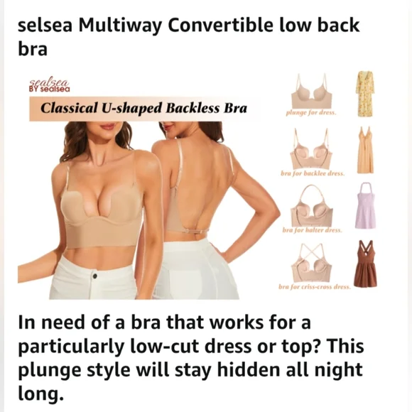 Sealsea Convertible Deep Plunge Low Back Beige Bra Size 36C - Picture 5 of 15